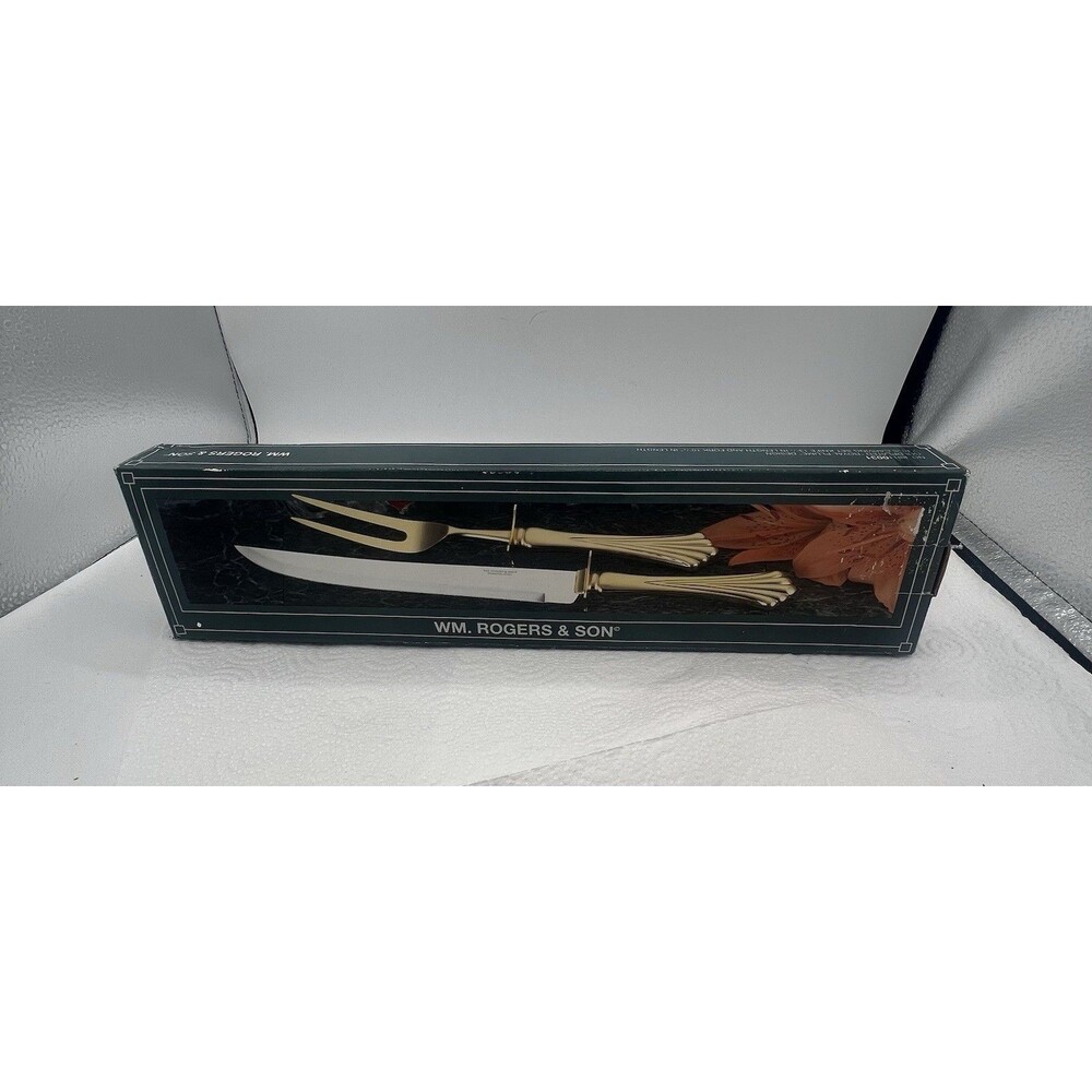 WM Rogers & Son Gold Plated Carving Knife & Fork Set Royal Plume Design 88110031